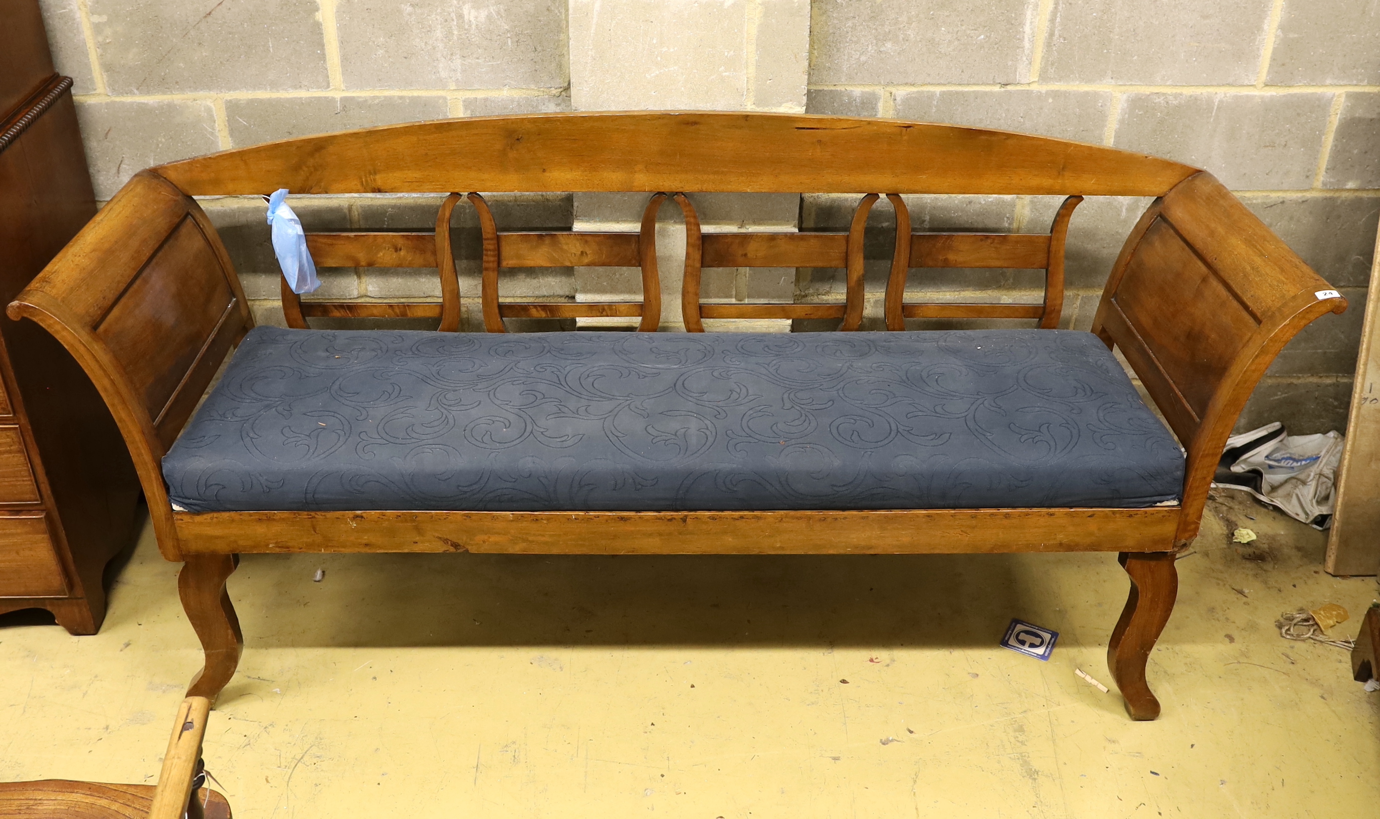 An Italian walnut settee, width 205cm, depth 58cm, height 92cm